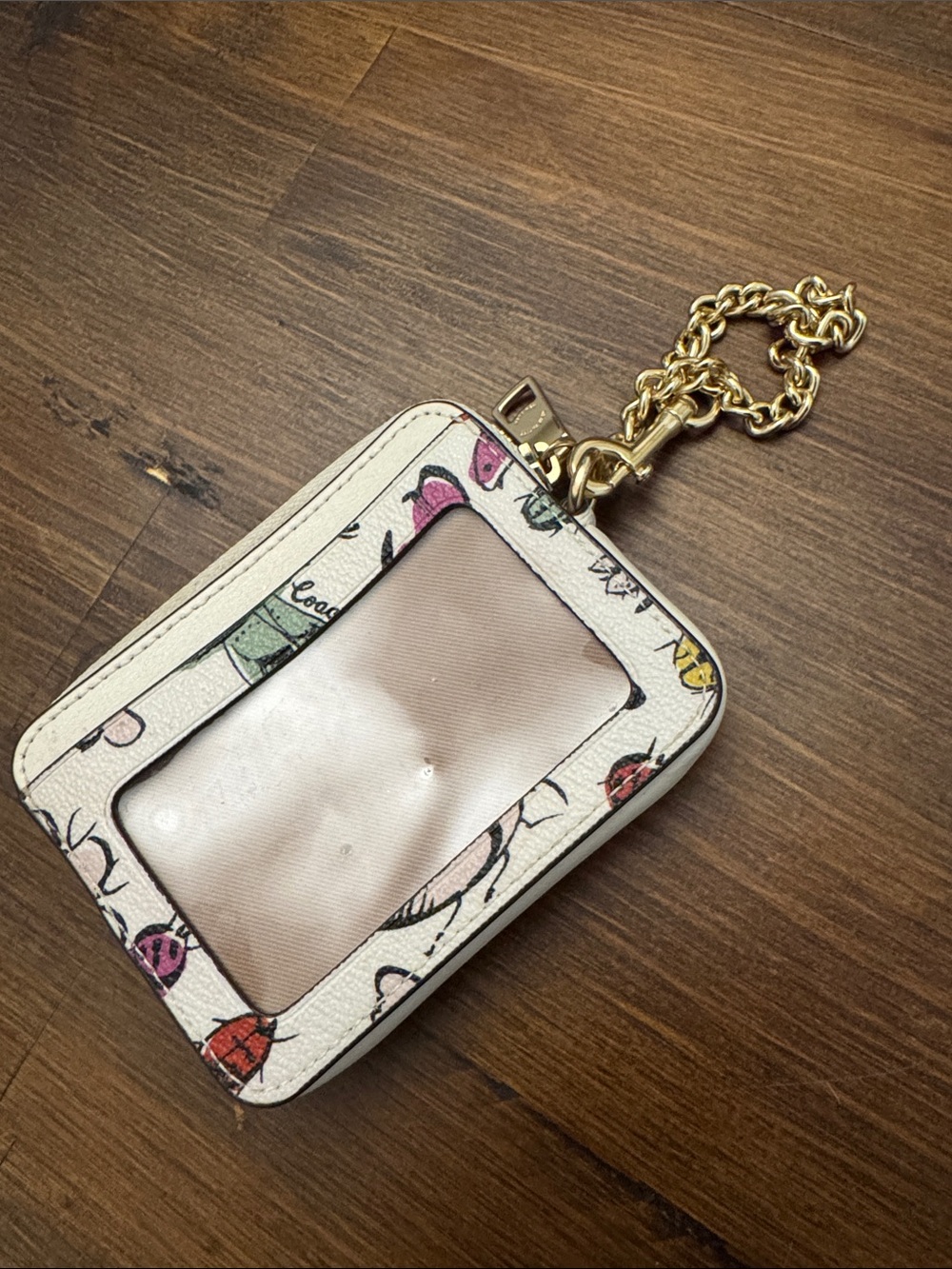 Coach White Butterfly & Bug Zip Card Case with Gold Chain - Picture 2 of 3